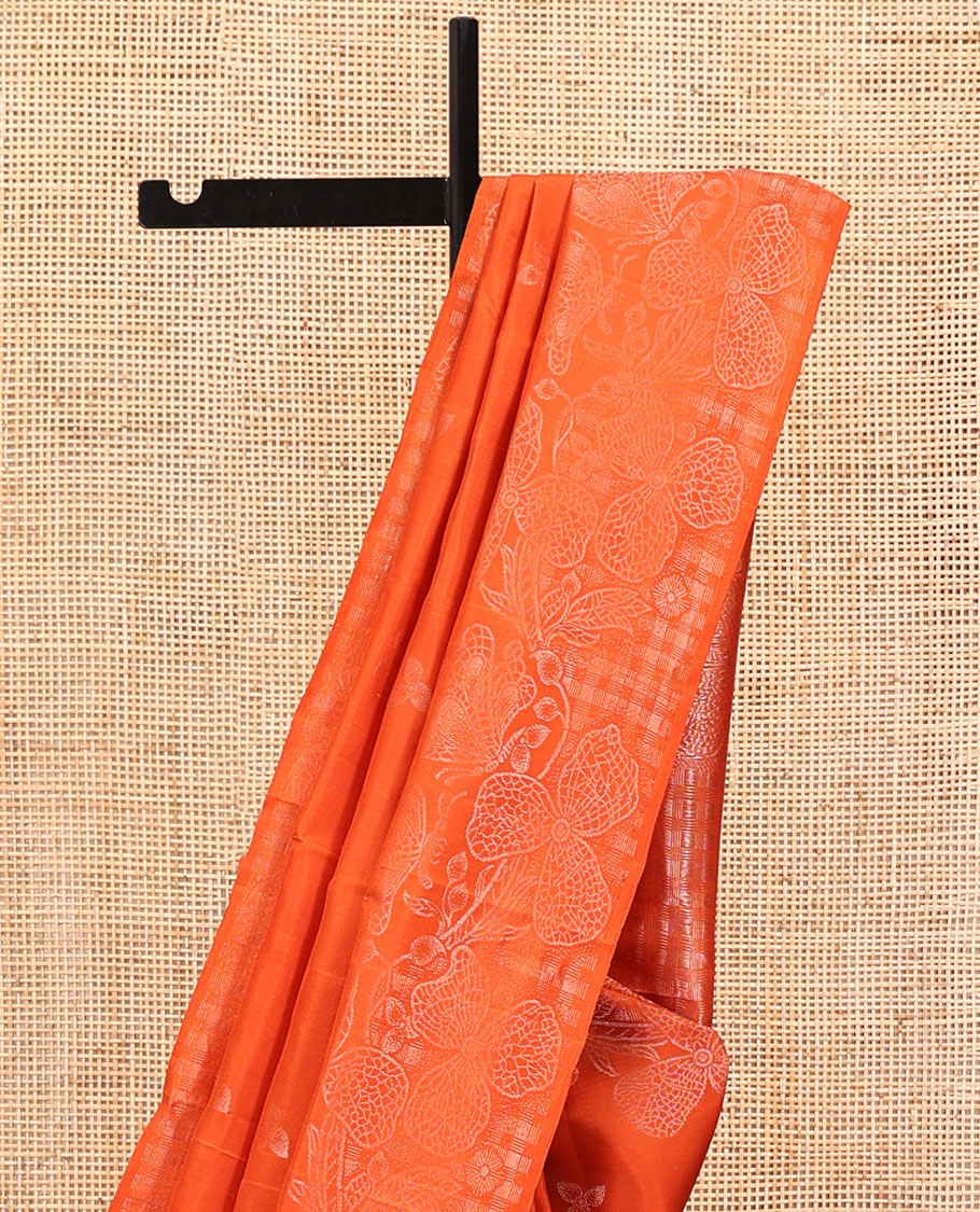 Borderless Orange Mayuri Soft Silk Saree, Sparsely Threaded with Leaf Buttas and Floral Buttas All Over Its Body, Zari Checked Pallu, and Paired with a Matching Blouse