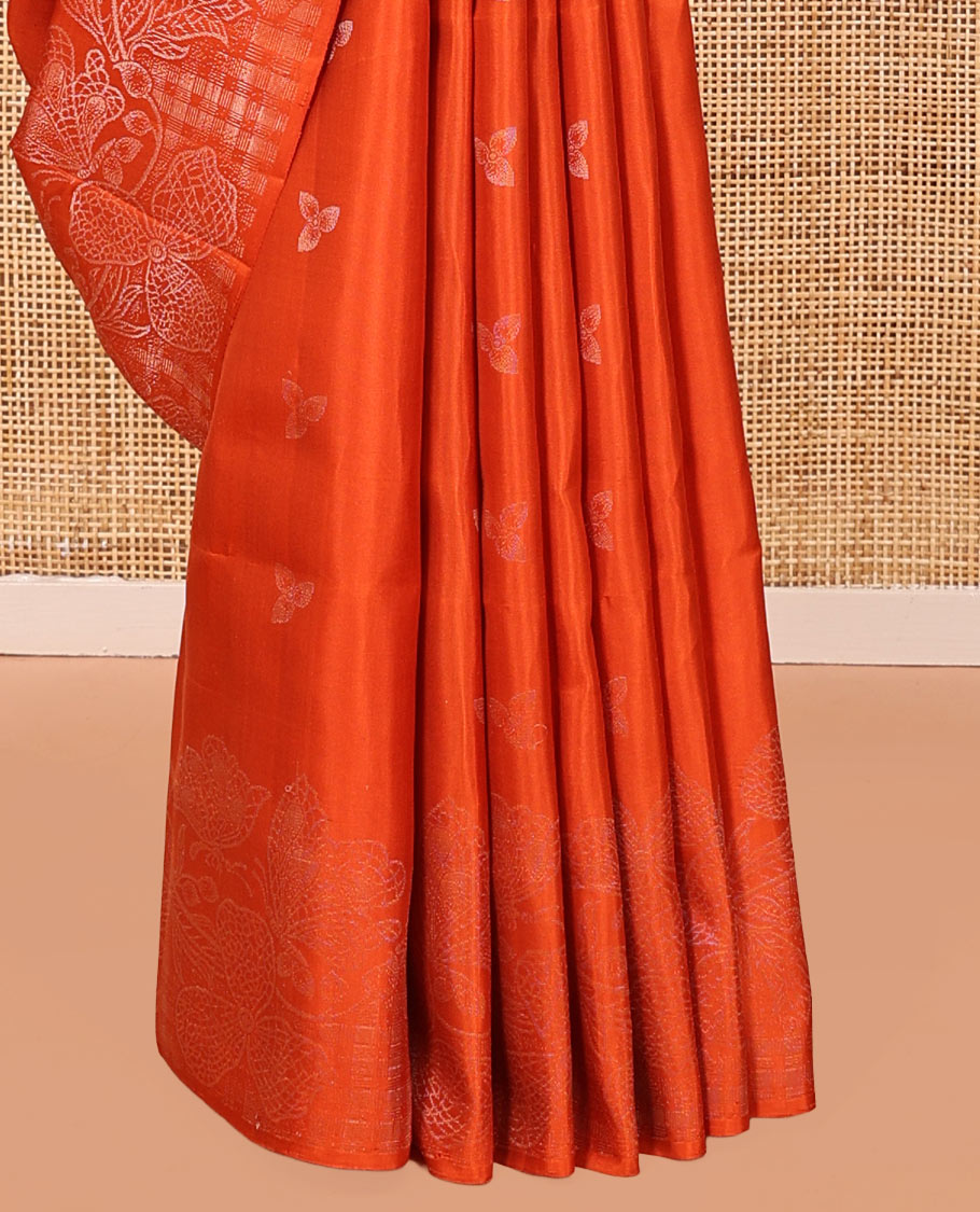 Borderless Orange Mayuri Soft Silk Saree, Sparsely Threaded with Leaf Buttas and Floral Buttas All Over Its Body, Zari Checked Pallu, and Paired with a Matching Blouse