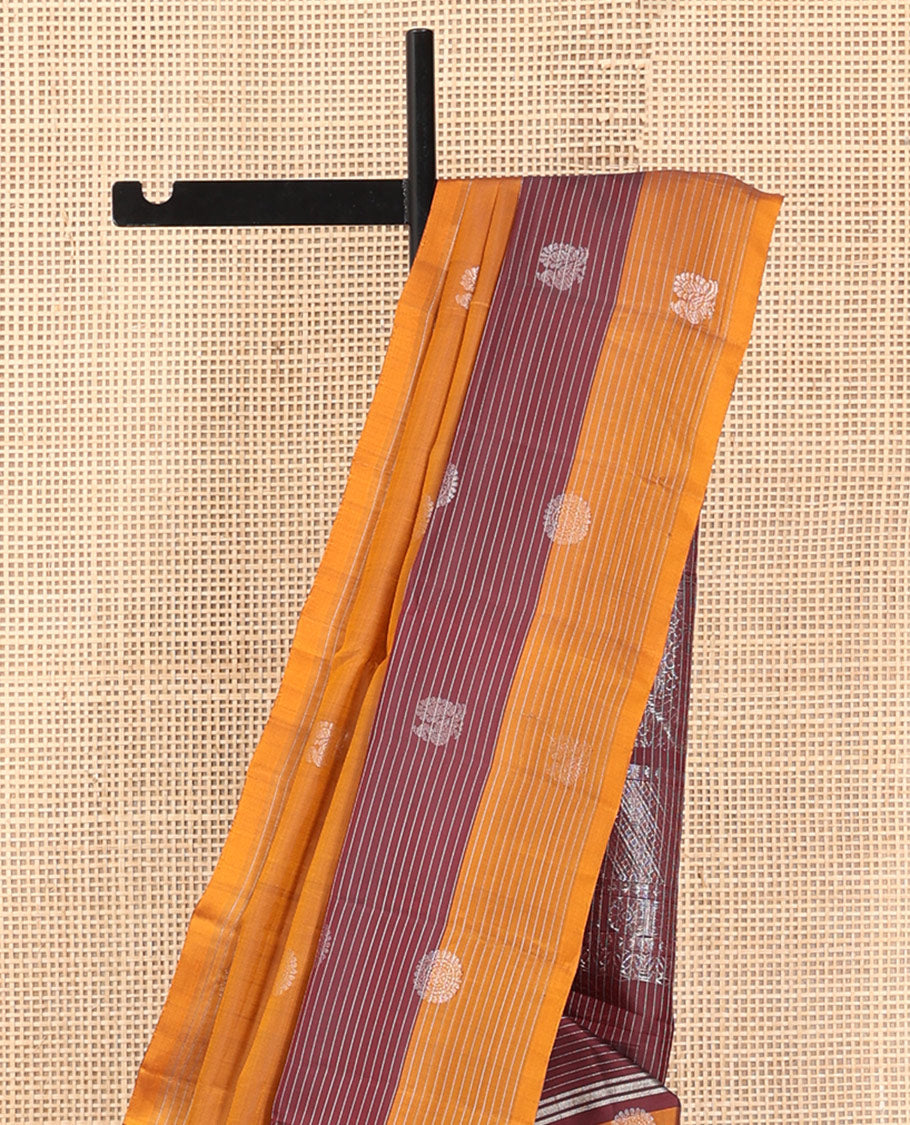 Orange Mayuri Lite Silk Mix Saree, Graced with Mayil and Chakram Zari Buttas, Complemented By Contrast Striped Border of Mayil Design, an Intricate Pallu, and a Contrast Blouse