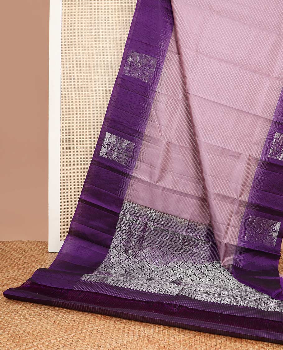Mauve striped mayuri soft silk saree with contrast geometric design border & argyle design pallu