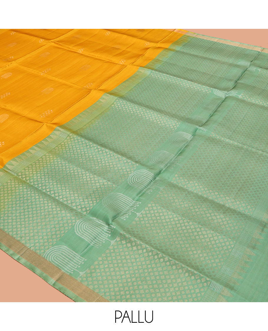 Mustard Mayuri Soft Silk Saree, Subtly Sparkled with Buttas, a Zari Border, Contrast Zari Design Pallu, and a Contrast Blouse