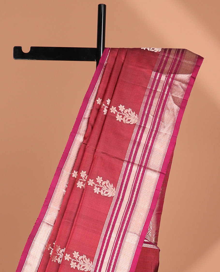 Red striped soft silk saree with floral buttas, contrast border of muthu & mayil kann & pallu of floral designs