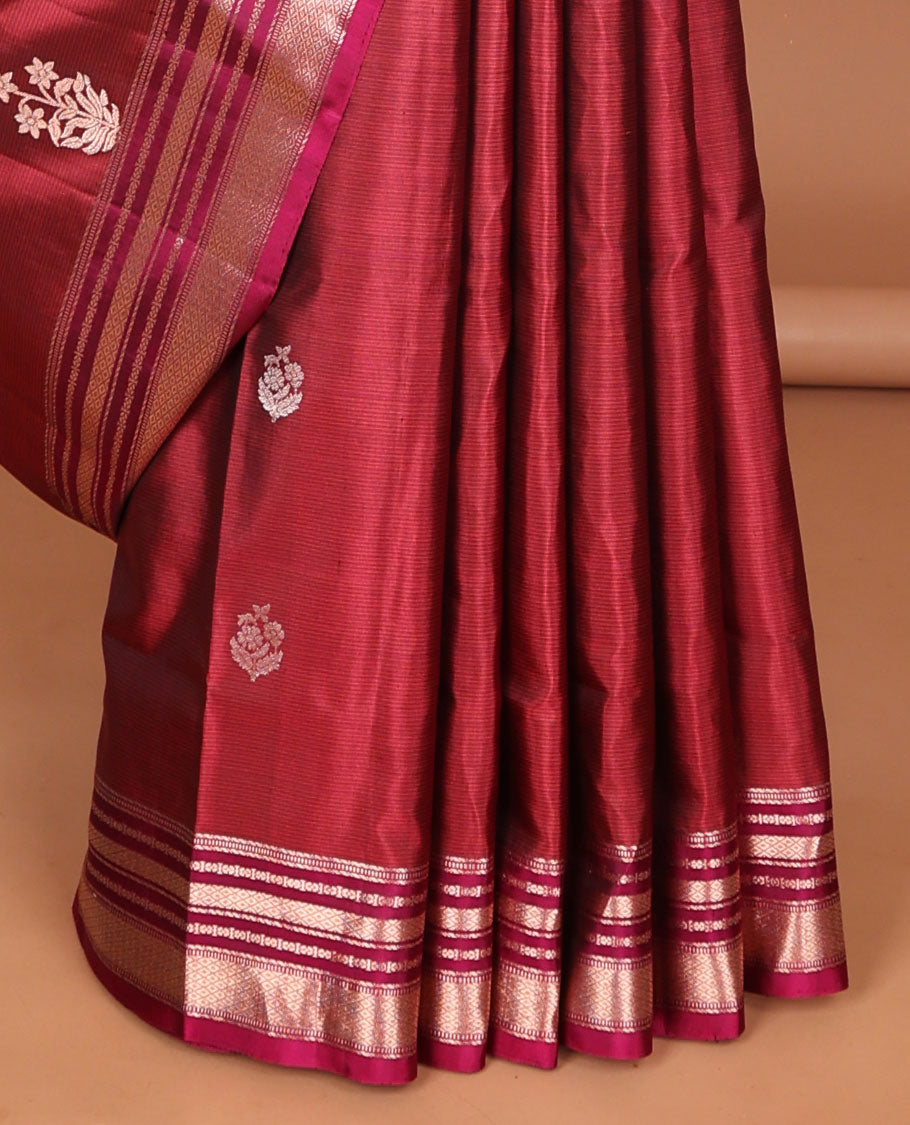 Red striped soft silk saree with floral buttas, contrast border of muthu & mayil kann & pallu of floral designs