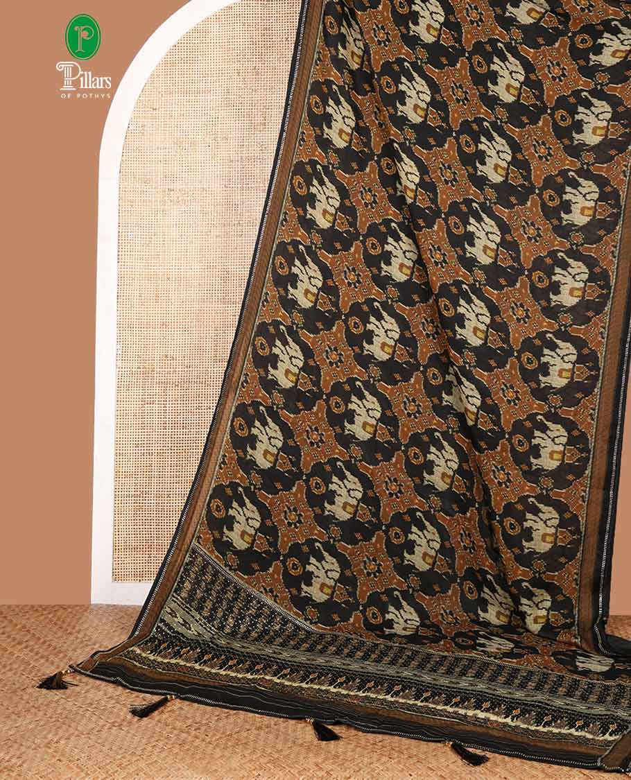 Black pochampally digital printed fendy crepe saree with swarovski stone, lace border & self pallu along with plain blouse