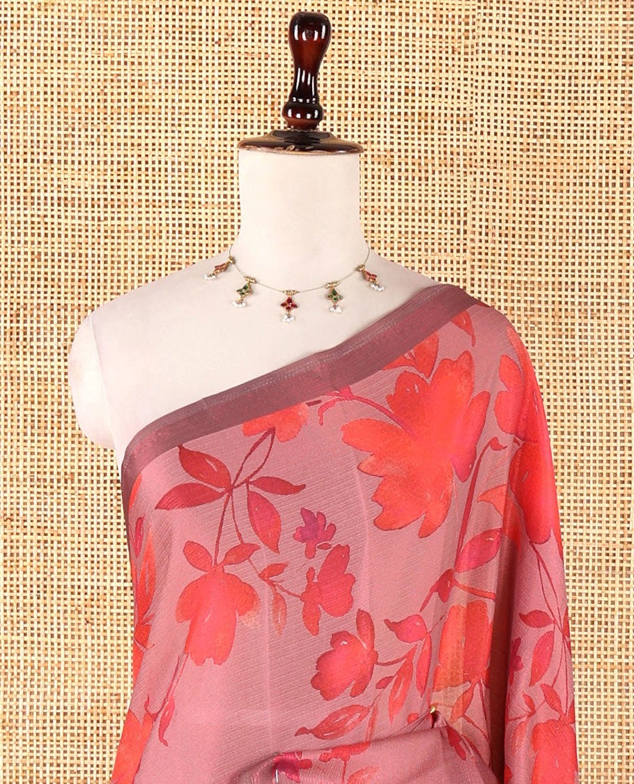 Borderless pink floral digital print brasso saree with self pallu along with printed blouse