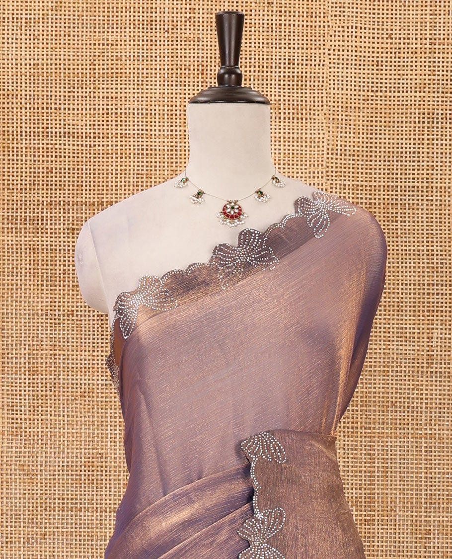 Lavender full-plain Fendi chiffon saree, scallop butterfly-style Swarovski stone work border & stone work matching blouse