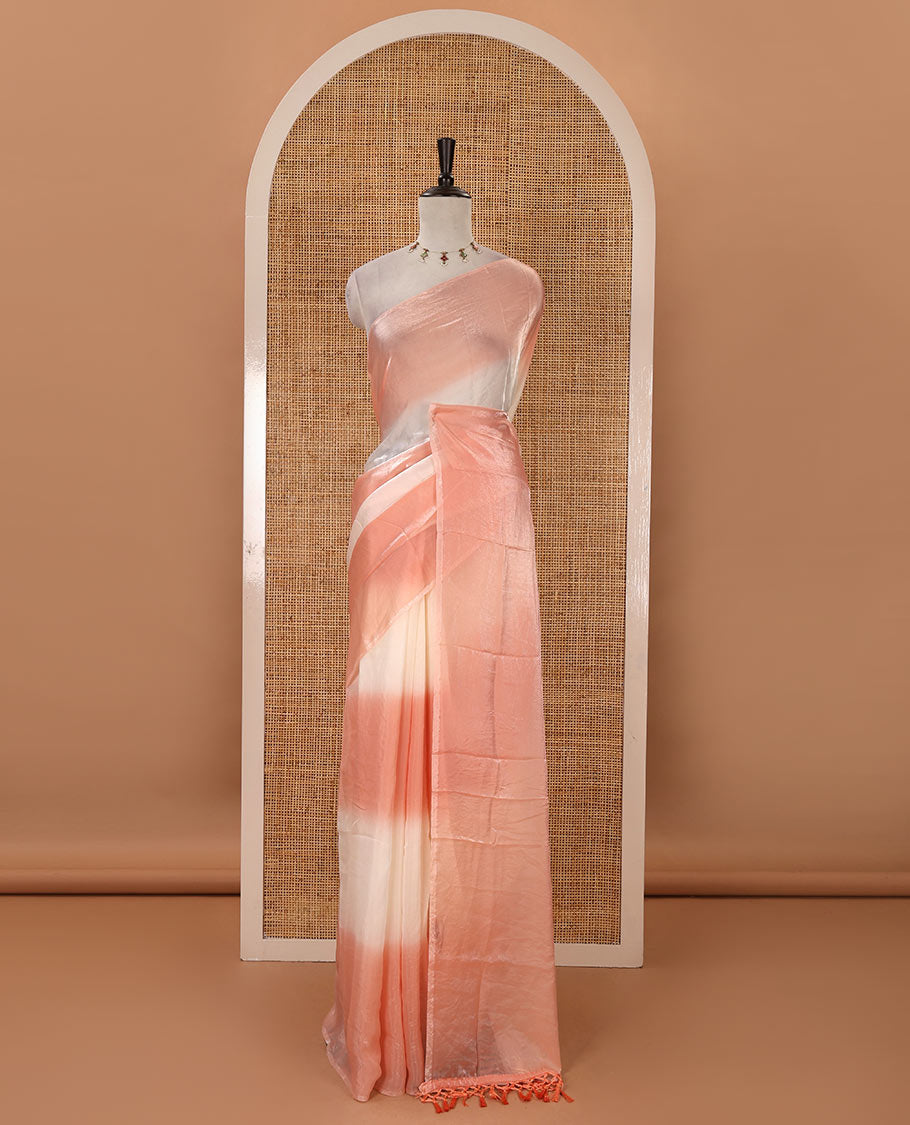 Borderless orange tie-dye-style printed fendy satin saree, self-pallu with tassels & plain blouse