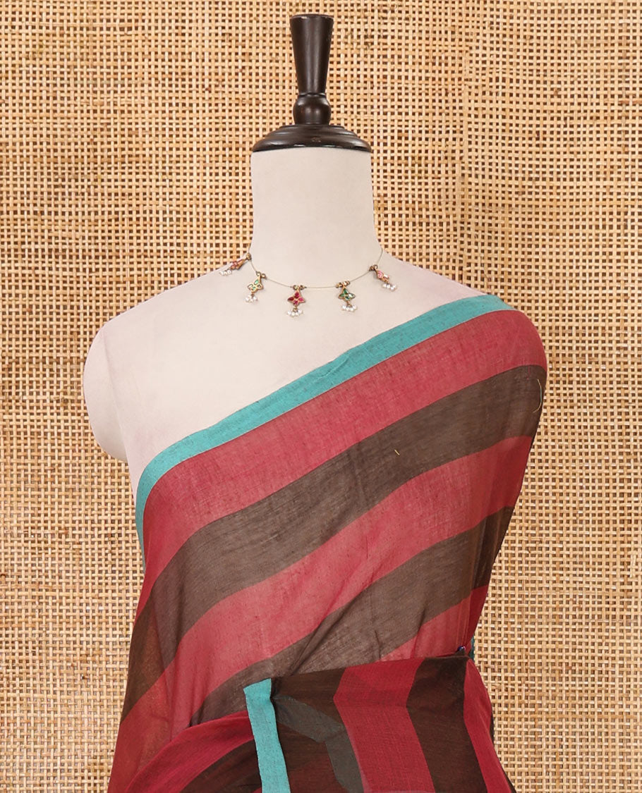 Purple horizontal striped khadi cotton saree, contrast piping border & matching horizontal striped blouse