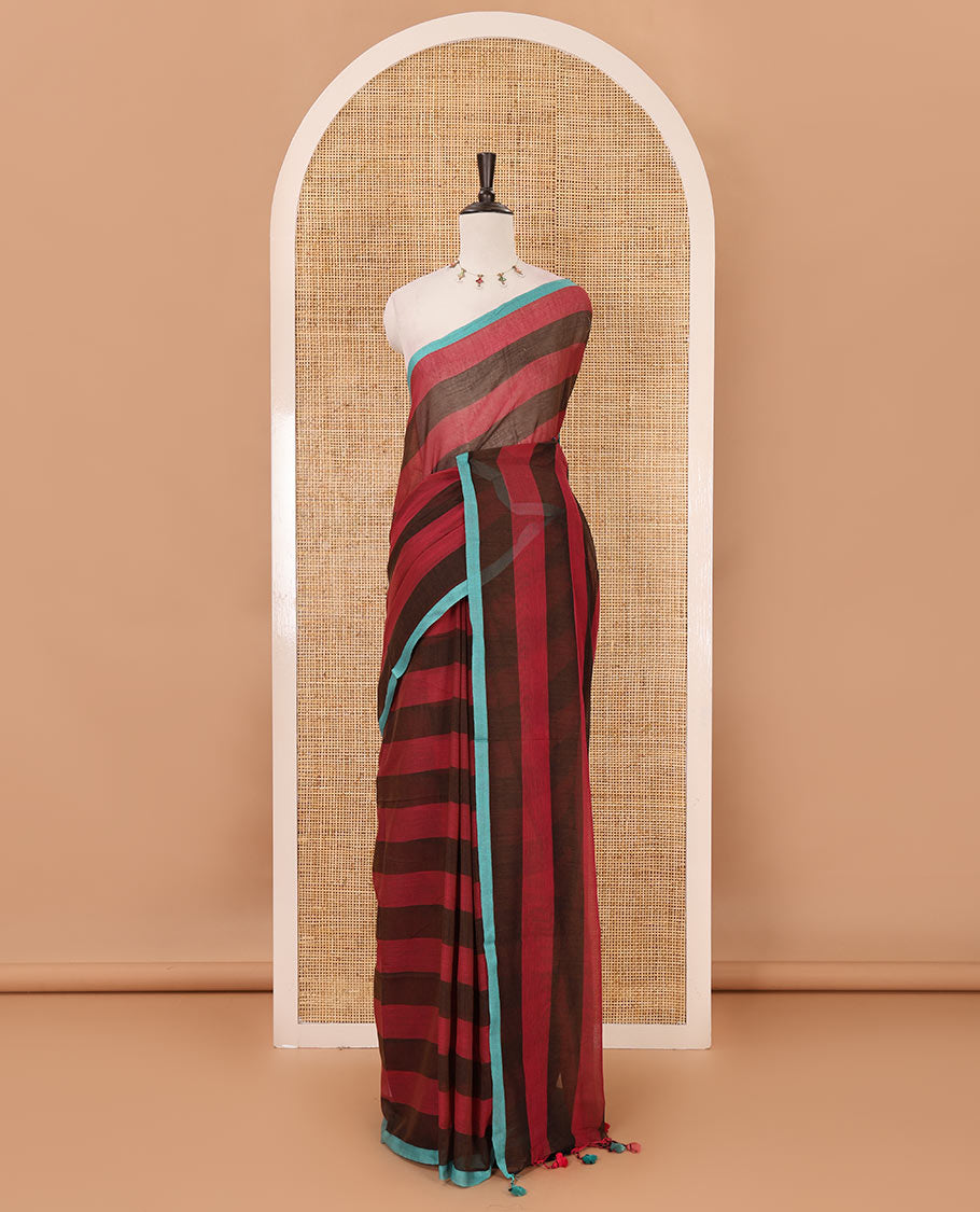 Purple horizontal striped khadi cotton saree, contrast piping border & matching horizontal striped blouse