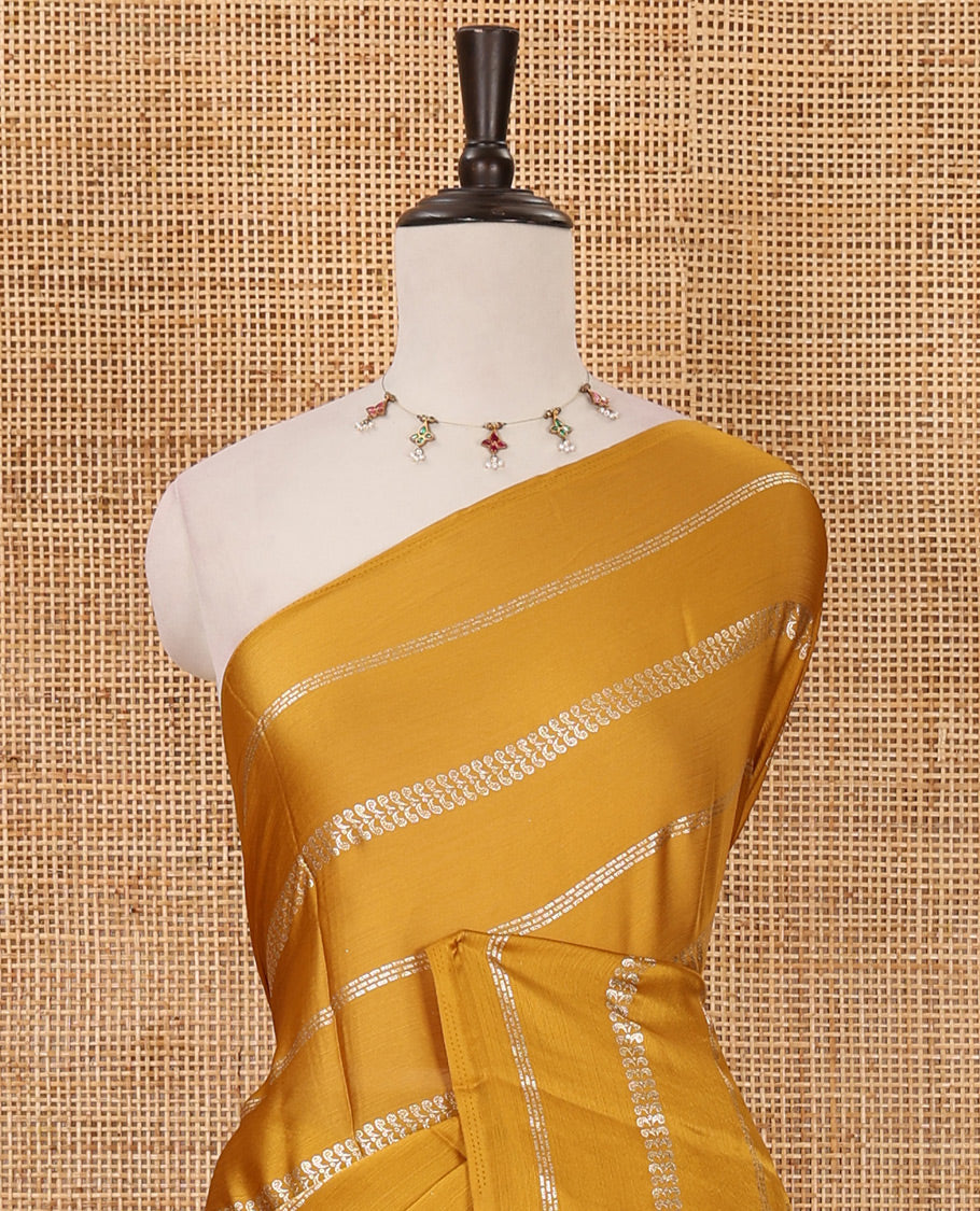 Borderless yellow horizontal-style stripes foli printed Fendy chiffon saree