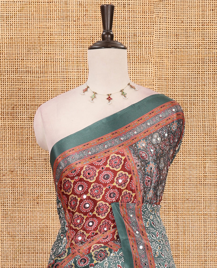 Green geometric patterns kaleidoscope-colored printed & mirror embroidered half-&-half masakali saree, printed border & pallu of embroidery work & plain blouse