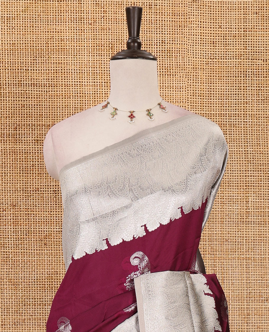 Purple silver zari manga buttas Elite soft silk saree, contrast traditional zari border, intricate zari pallu & contrast zari buttas blouse