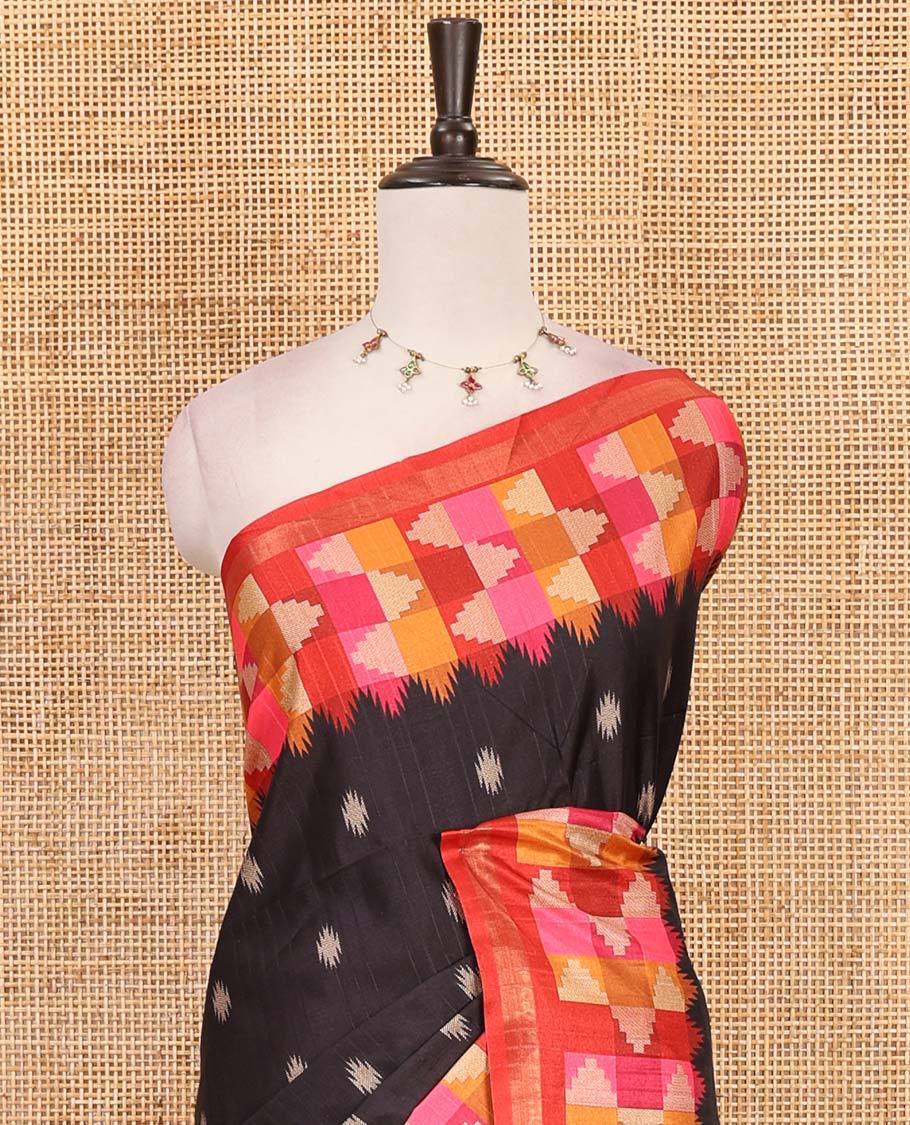 Black striped and buttas kathan silk saree, contrast multi-color temple border, seer printed pallu, and contrast printed blouse