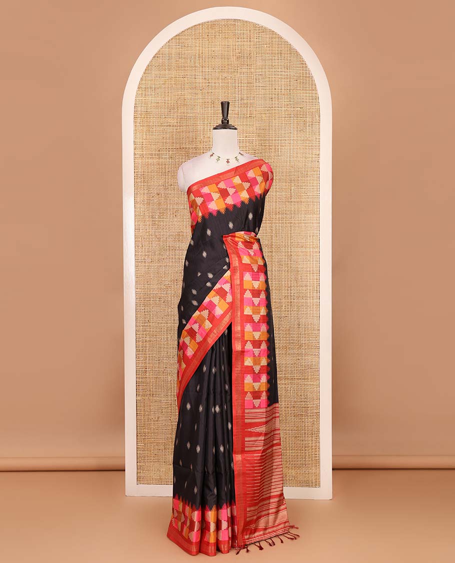 Black striped and buttas kathan silk saree, contrast multi-color temple border, seer printed pallu, and contrast printed blouse