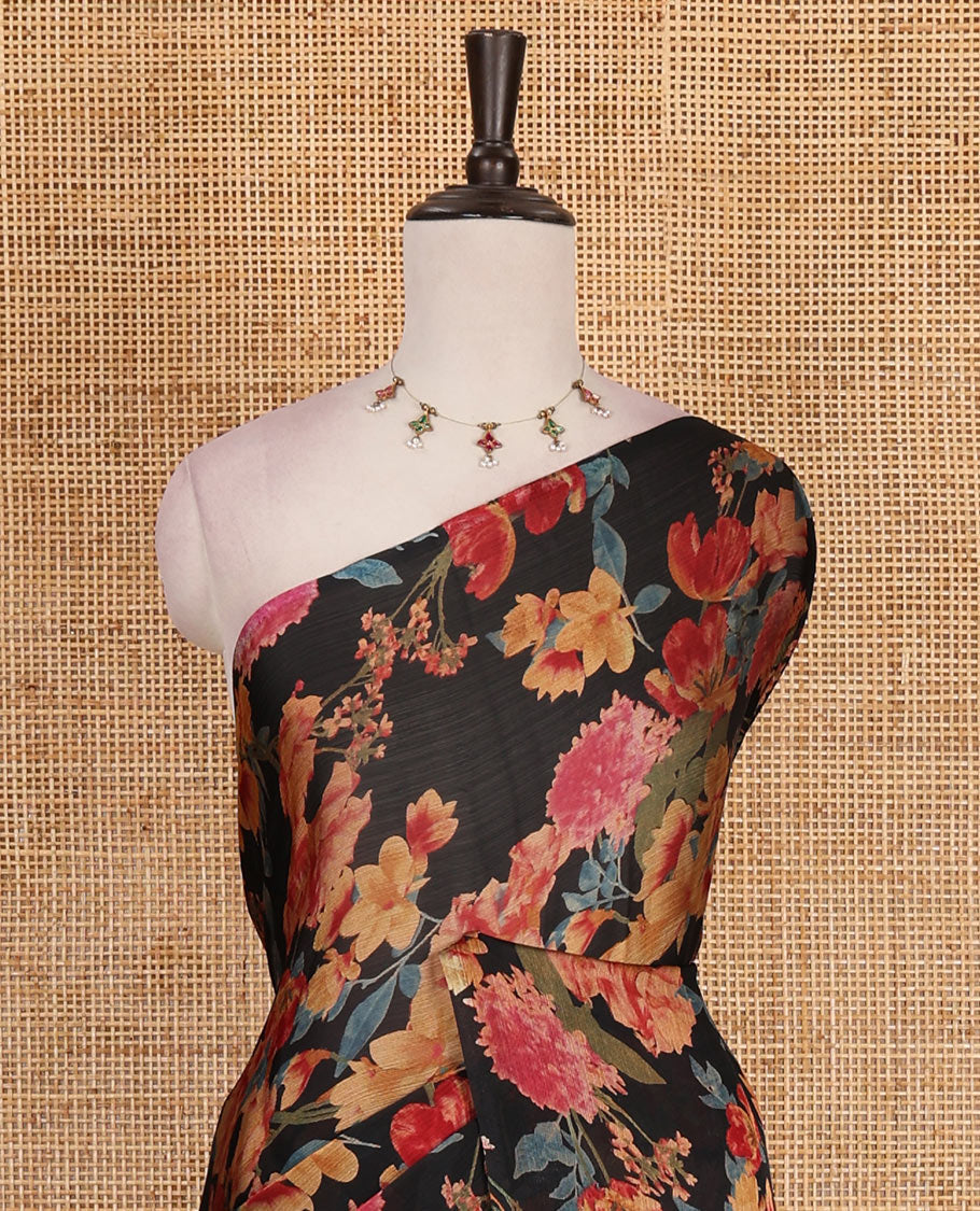 Borderless black kaleidoscope color floral motifs digital printed nara chiffon saree, contrast plain blouse