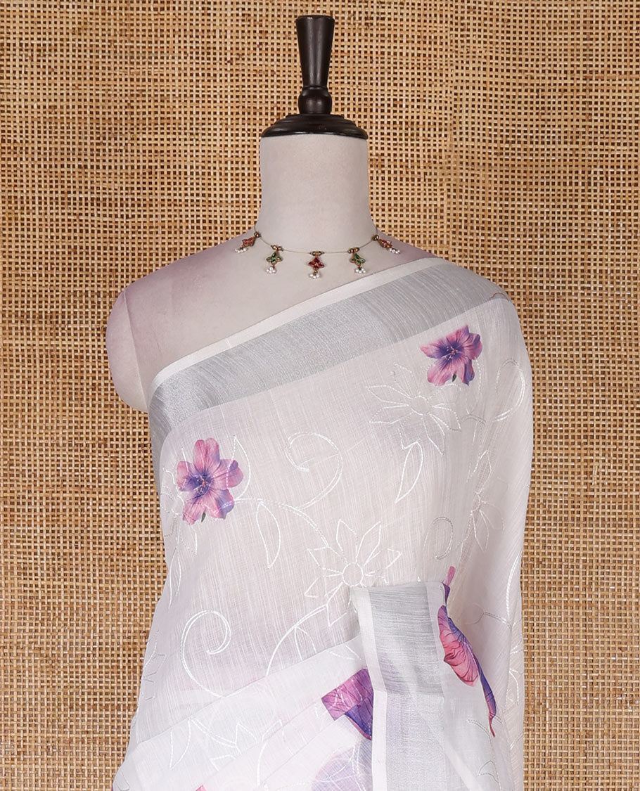 White big flower printed with Chikankari-style thread floral embroidered linen cotton saree, zari bavanji border, and blouse of print and embroidery work