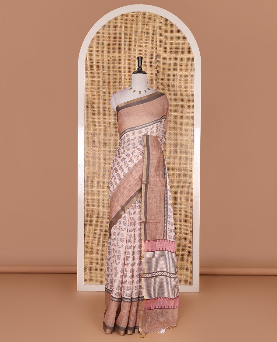 Peach cute elephant motifs printed linen cotton saree, contrast chevron border, pallu of stripes and chevron, and contrast printed blouse