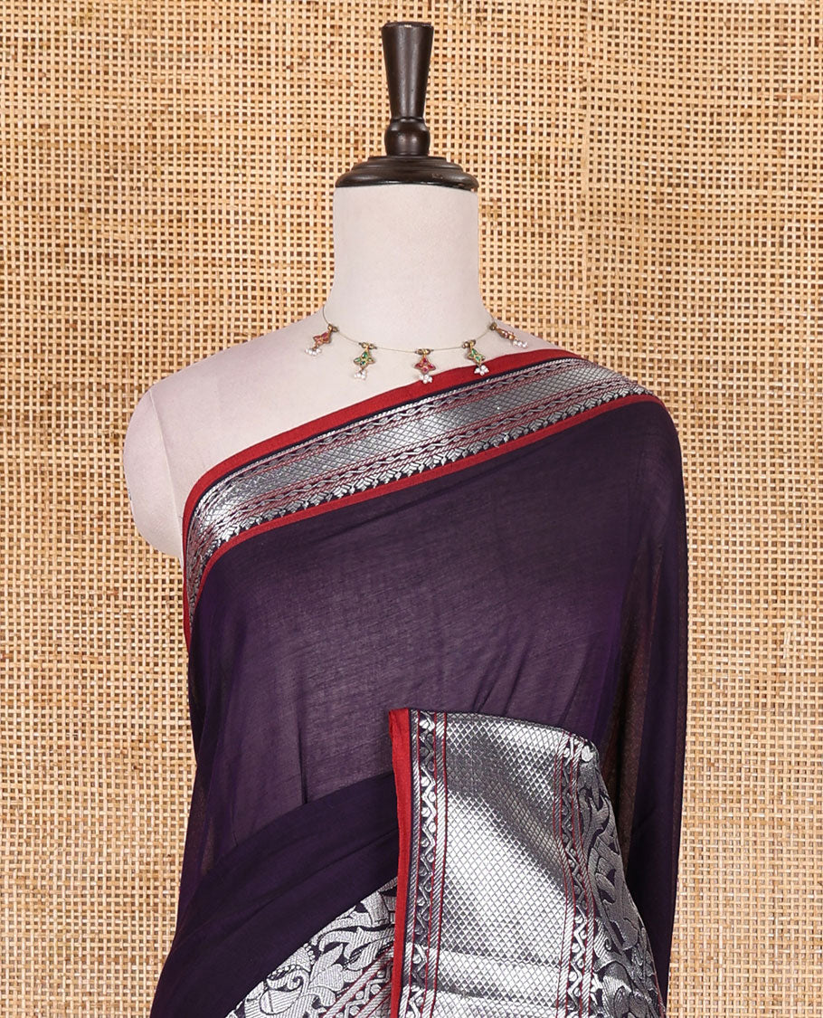 Violet plain mercerised cotton saree, contrast traditional zari border of elephant and peacock designs, striped pallu, and plain blouse