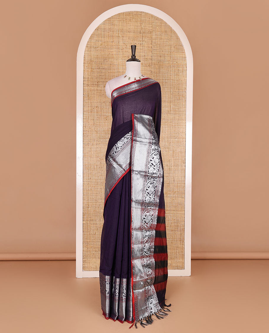 Violet plain mercerised cotton saree, contrast traditional zari border of elephant and peacock designs, striped pallu, and plain blouse