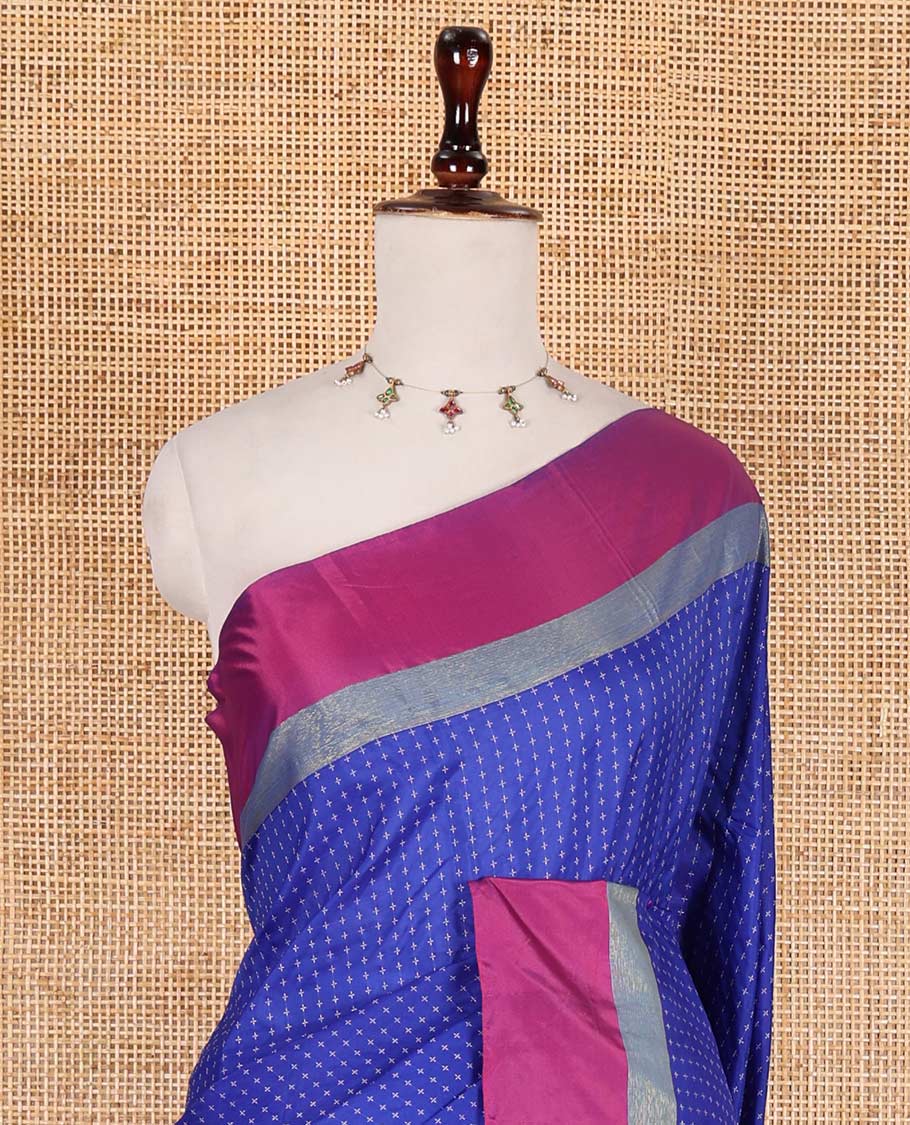 Royal blue-pink plus-shaped buttas steeped semi-soft silk saree, contrast satin border of stripes, striped pallu, and contrast blouse