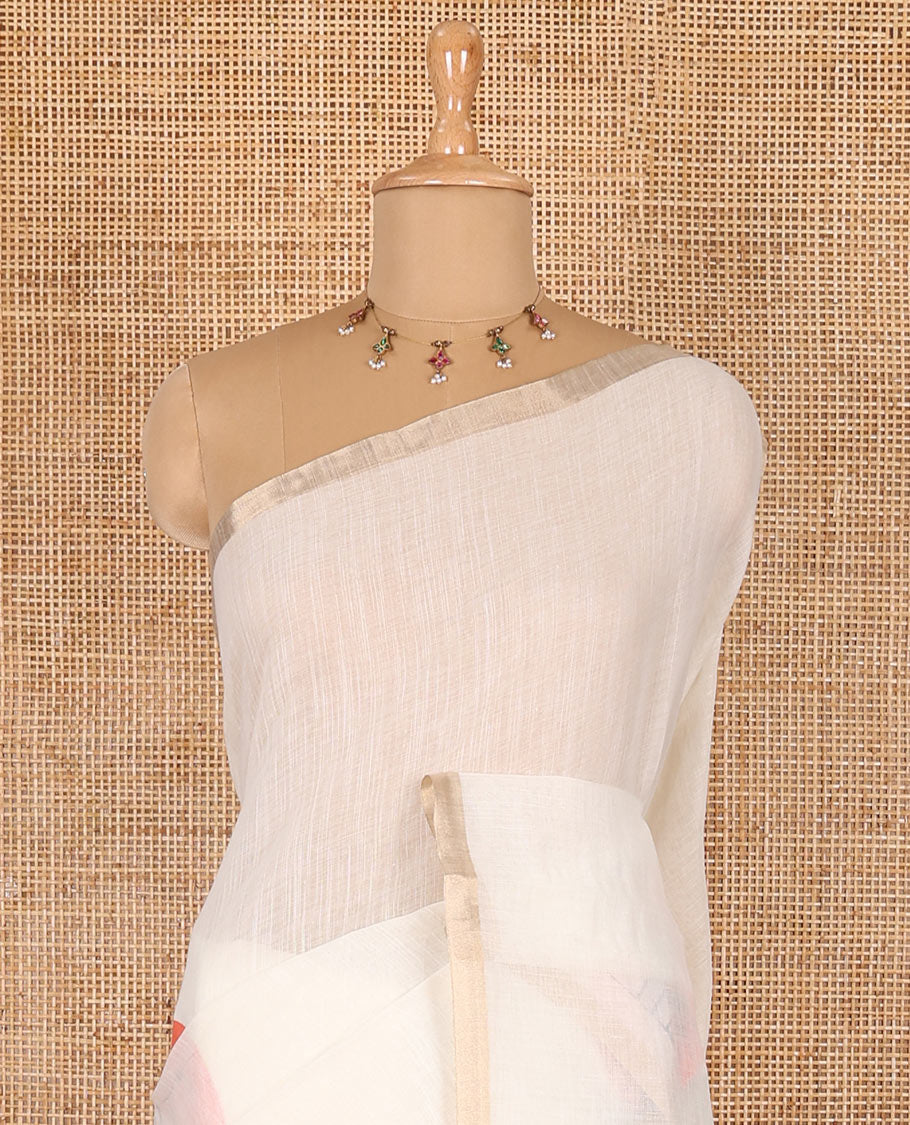 Cream sun and deer silhouette printed linen cotton saree, gold zari piping border, printed pallu, and a matching stripes printed blouse