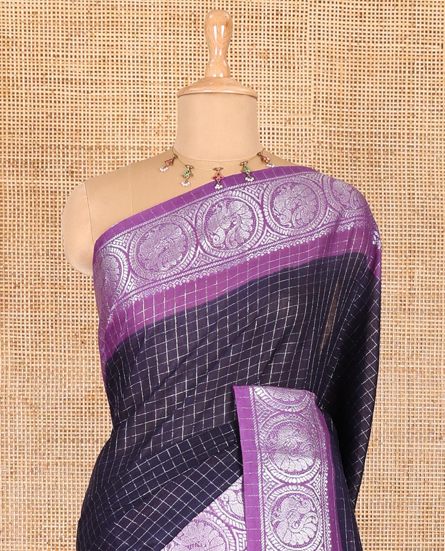 Navy blue and lavender checked sungudi cotton saree, contrast silver zari round peacock border, striped pallu, and a contrast checked blouse