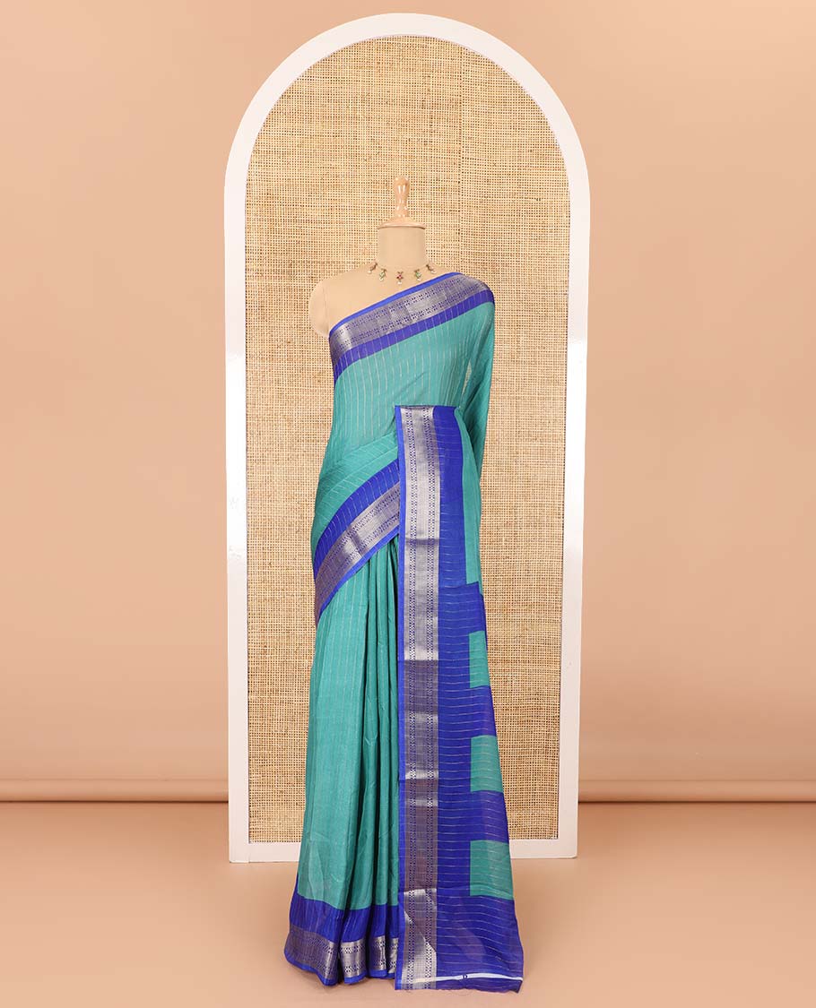 Rama vertically striped moss chiffon saree with contrast traditional zari design borders, striped pallu, and a contrast blouse