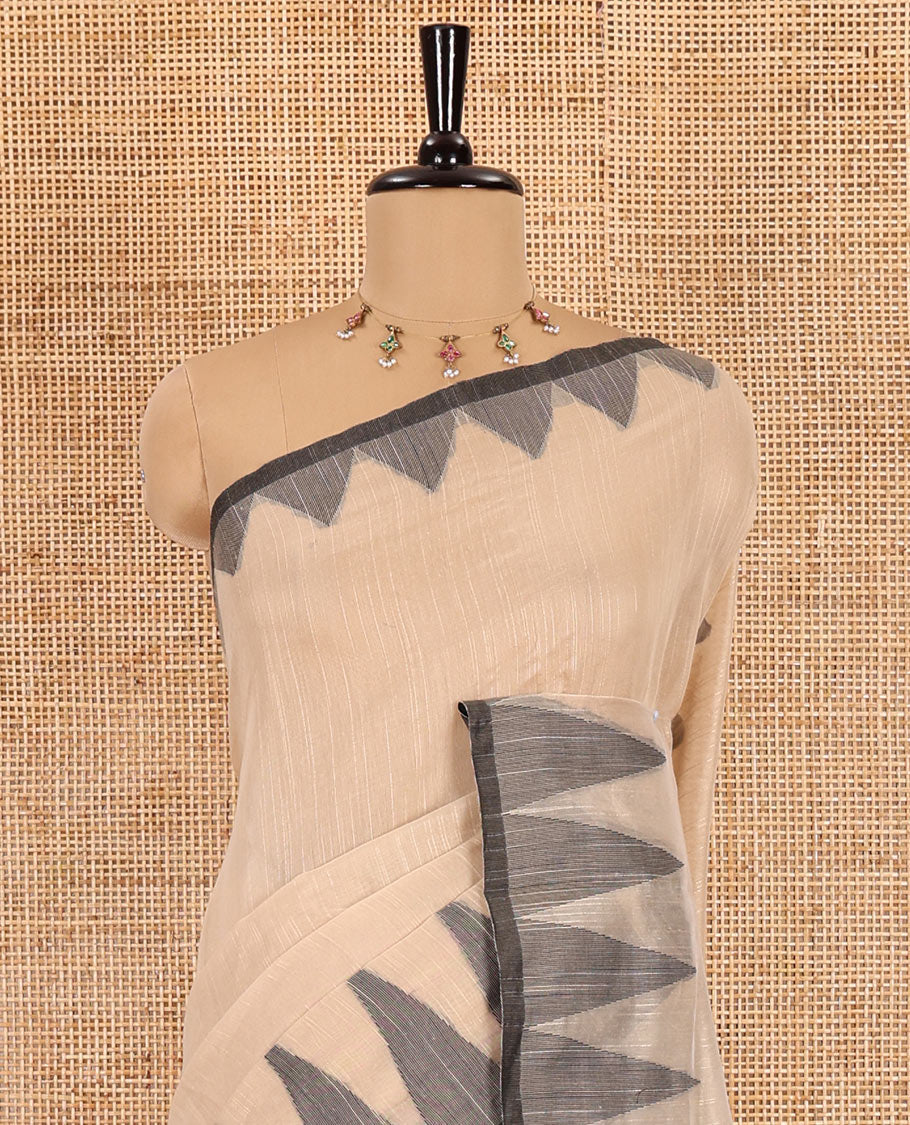 Sandal plain khadi mul cotton saree, contrast thread temple border, plain pallu, and a contrast plain blouse