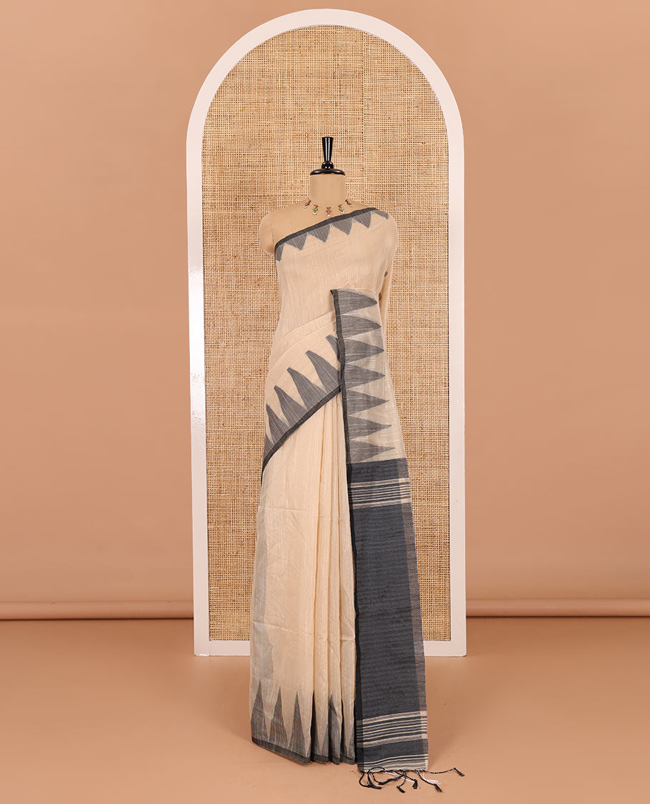 Sandal plain khadi mul cotton saree, contrast thread temple border, plain pallu, and a contrast plain blouse