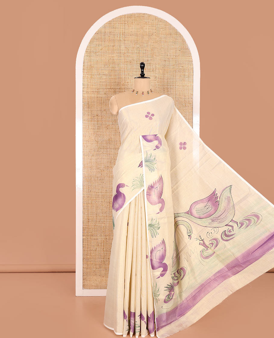 Gold-Violet Kerala Cotton Saree Subtly Sparked with Handblock-Printed Floral and Duck Motifs, Featuring a Self Pallu with Pond-Themed Handblock Prints, Paired with a Matching Plain Blouse