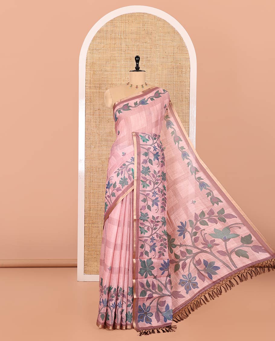 Light Peach Linen Cotton Saree Artfully Printed with Floral Butta and Checks, Subtle Self-Piping Border of Floral Creeper Print, Pallu Depicts Floral Print, and Paired with a Matching Blouse