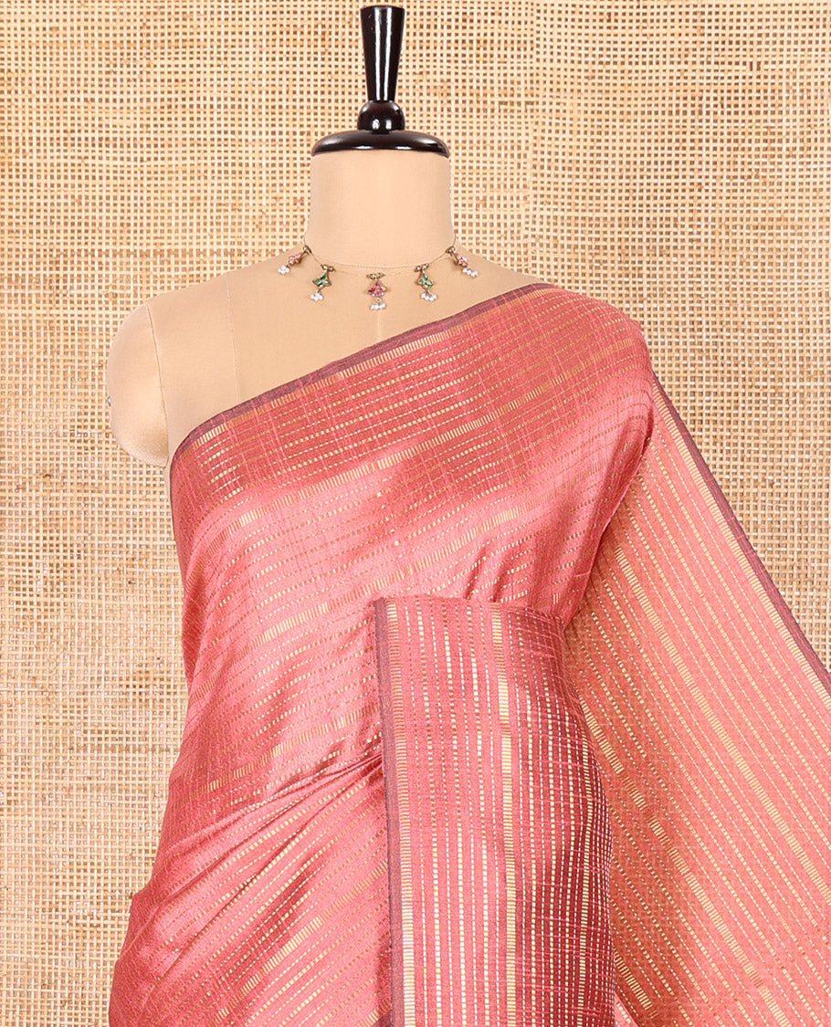 Borderless Onion Pink and Magenta Semi-Raw Silk Saree Adorned with Gold-Zari Horizontal Stripes All Over Its Body, Complemented by a Contrast Pallu of Stripes, and Paired with a Contrast Blouse