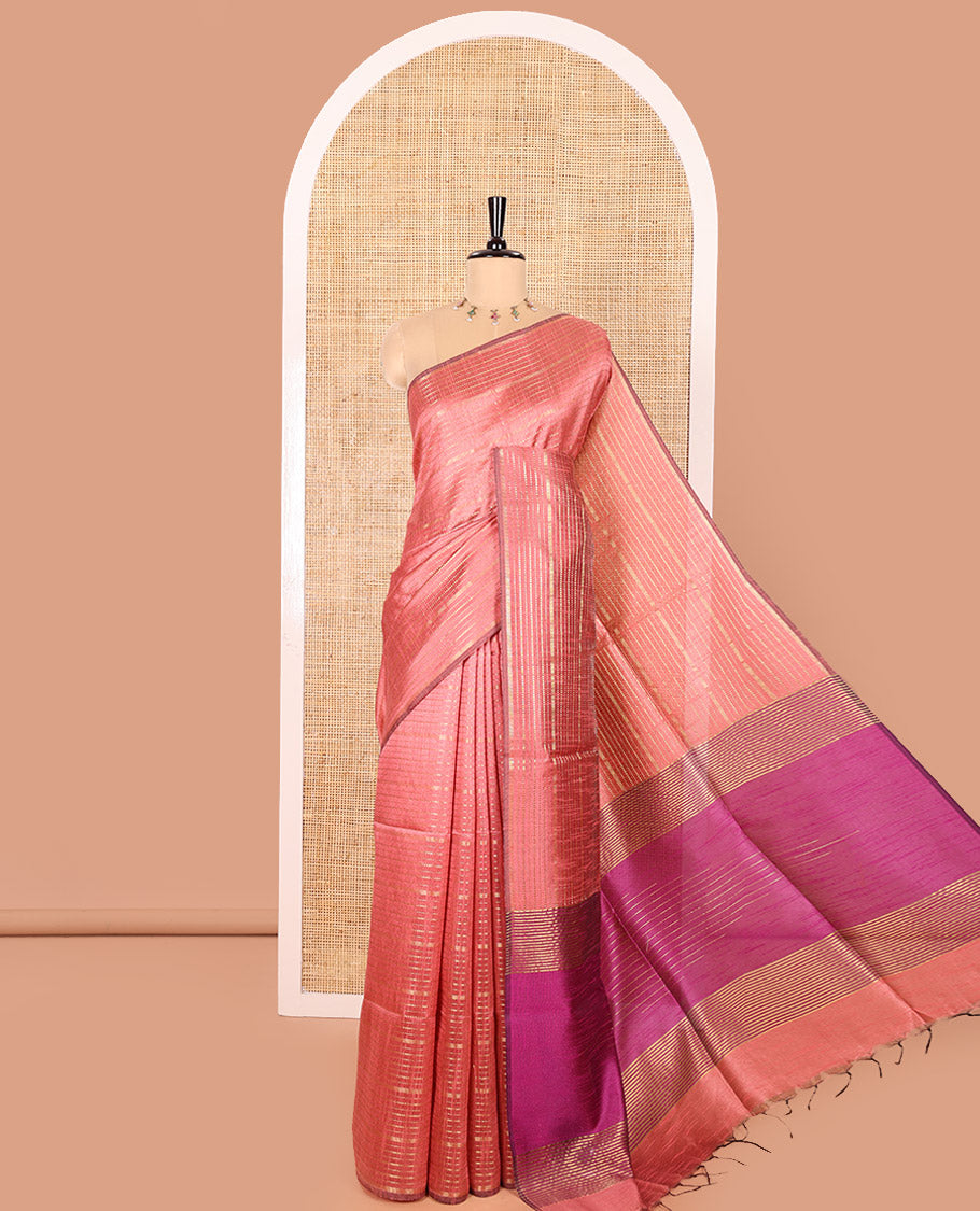 Borderless Onion Pink and Magenta Semi-Raw Silk Saree Adorned with Gold-Zari Horizontal Stripes All Over Its Body, Complemented by a Contrast Pallu of Stripes, and Paired with a Contrast Blouse