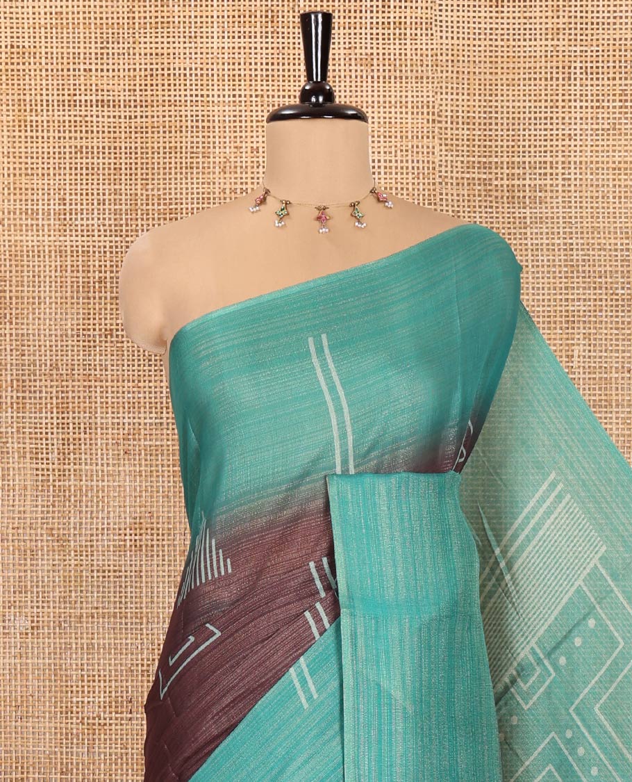Brown Tissue Saree, Bedecked with Horizontal Stripes and Geometric Motifs Printed All Over Its Body, Complemented by a Contrast-Printed Border, Pallu Depicts Geometric Patterns, and Paired with a Contrast Geometric Printed Blouse