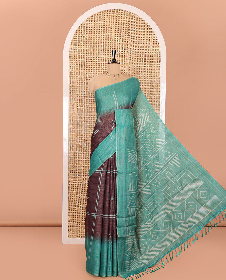 Brown Tissue Saree, Bedecked with Horizontal Stripes and Geometric Motifs Printed All Over Its Body, Complemented by a Contrast-Printed Border, Pallu Depicts Geometric Patterns, and Paired with a Contrast Geometric Printed Blouse