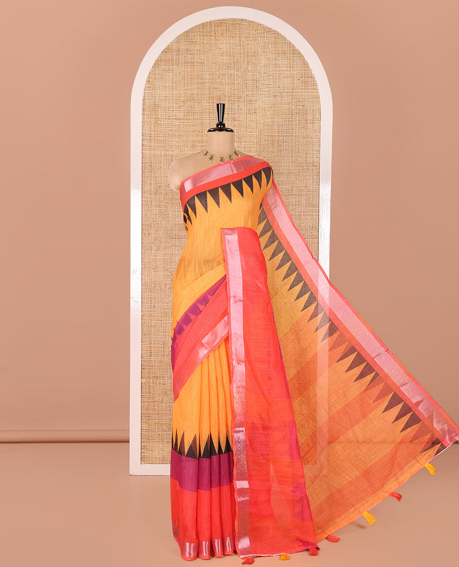 Yellow Plain Linen Cotton Saree, Complemented by a Contrast Temple Zari Border, Striped Pallu, and Paired with a Contrast Blouse