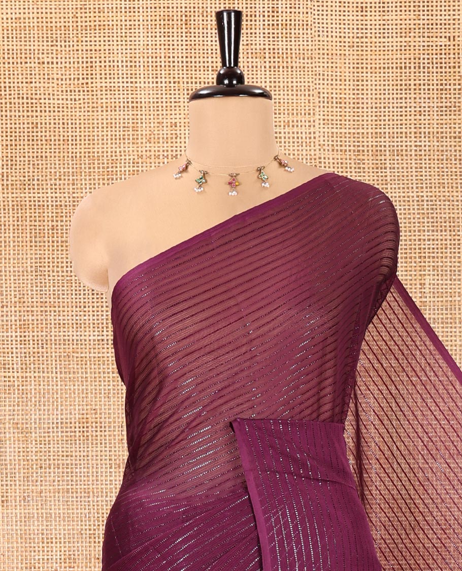 Borderless Purple Chiffon Saree, Gleamed Up with Horizontal Stripes on Its Body, a Self-Pallu, and Comes Without a Blouse