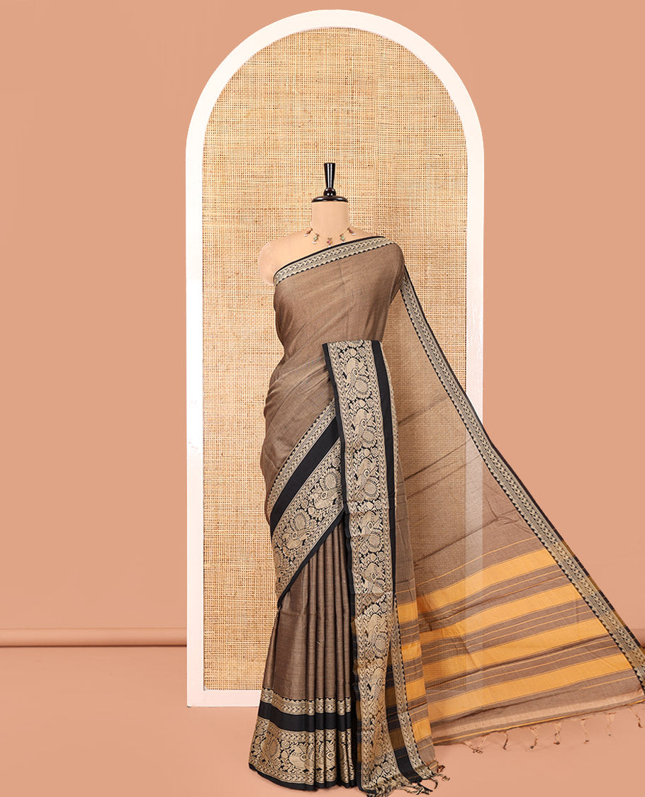 Brown Plain Mercerised Cotton Saree, Complemented by a Contrast Rettai Pettu Border of Paisley, and Peacock Designs, Striped Pallu, and Paired with a Matching Blouse