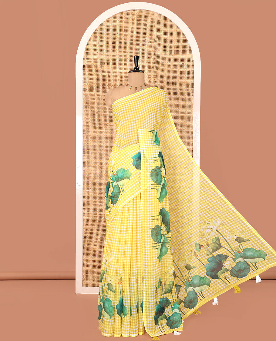 Borderless Yellow Linen Cotton Saree, Adorned with Micro-Checks and Pichwai Lotus Print, a Subtle Pallu, and a Matching Blouse
