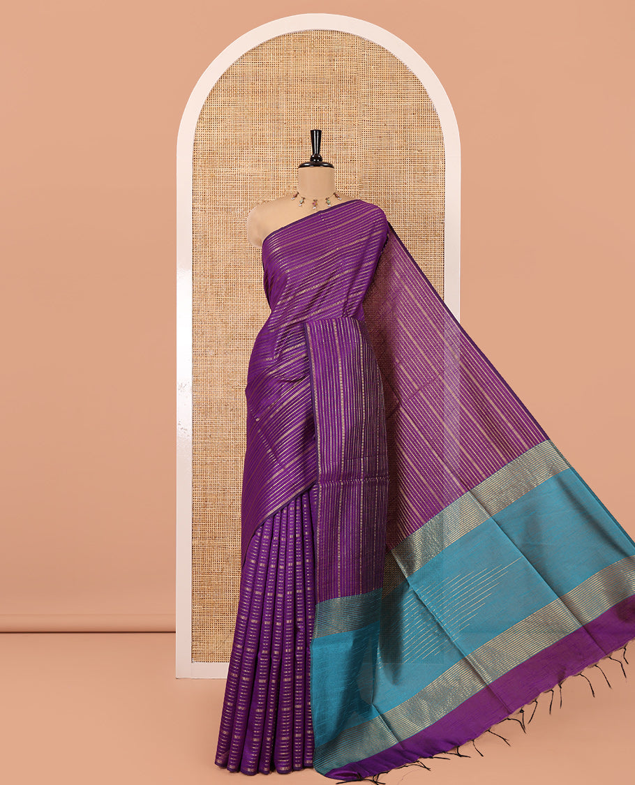 Borderless Dark Violet Semi-Raw Silk Saree, Spotlighted with Muthu Stripes on Its Body, Complemented by a Contrast Zari Striped Pallu, and Paired with a Contrast Blouse