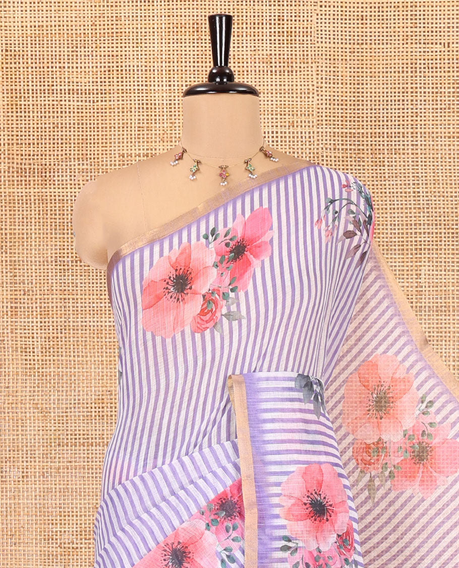 Lavender Linen Cotton Saree, Subtly Sparkled With Vertical Stripes, and Floral Motifs Print, A Subtle Piping Border, Floral Printed Pallu and a Matching Blouse