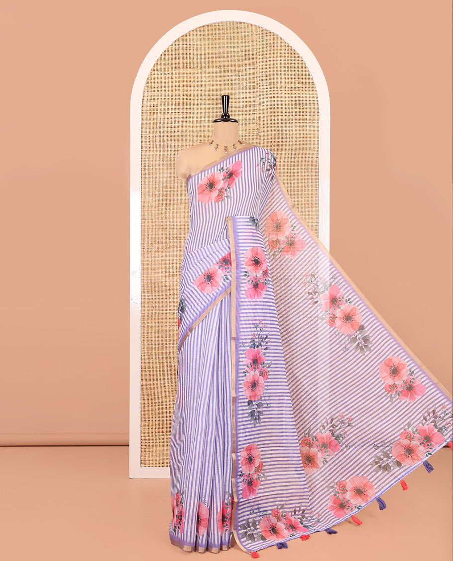 Lavender Linen Cotton Saree, Subtly Sparkled With Vertical Stripes, and Floral Motifs Print, A Subtle Piping Border, Floral Printed Pallu and a Matching Blouse
