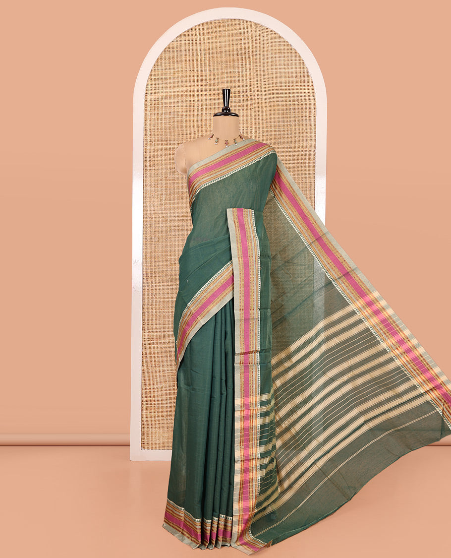 Green Plain Mercerised Cotton Saree, Complemented by Contrast Traditional Border, Striped Pallu, and a Matching Blouse