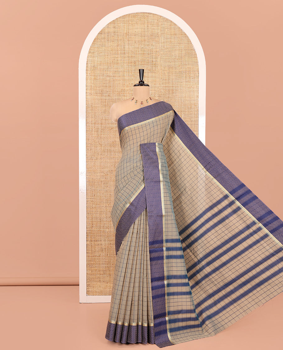 Grey Checked Mercerised Cotton Saree, Contrast Temple Ara Maadam Border, Striped Pallu, and Matching Blouse