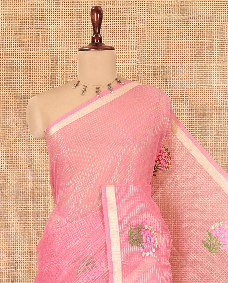Onion Pink Kota Doria Saree, Adorned with Zari Checks and Floral Embroidery, a Piping Border, Matching Blouse