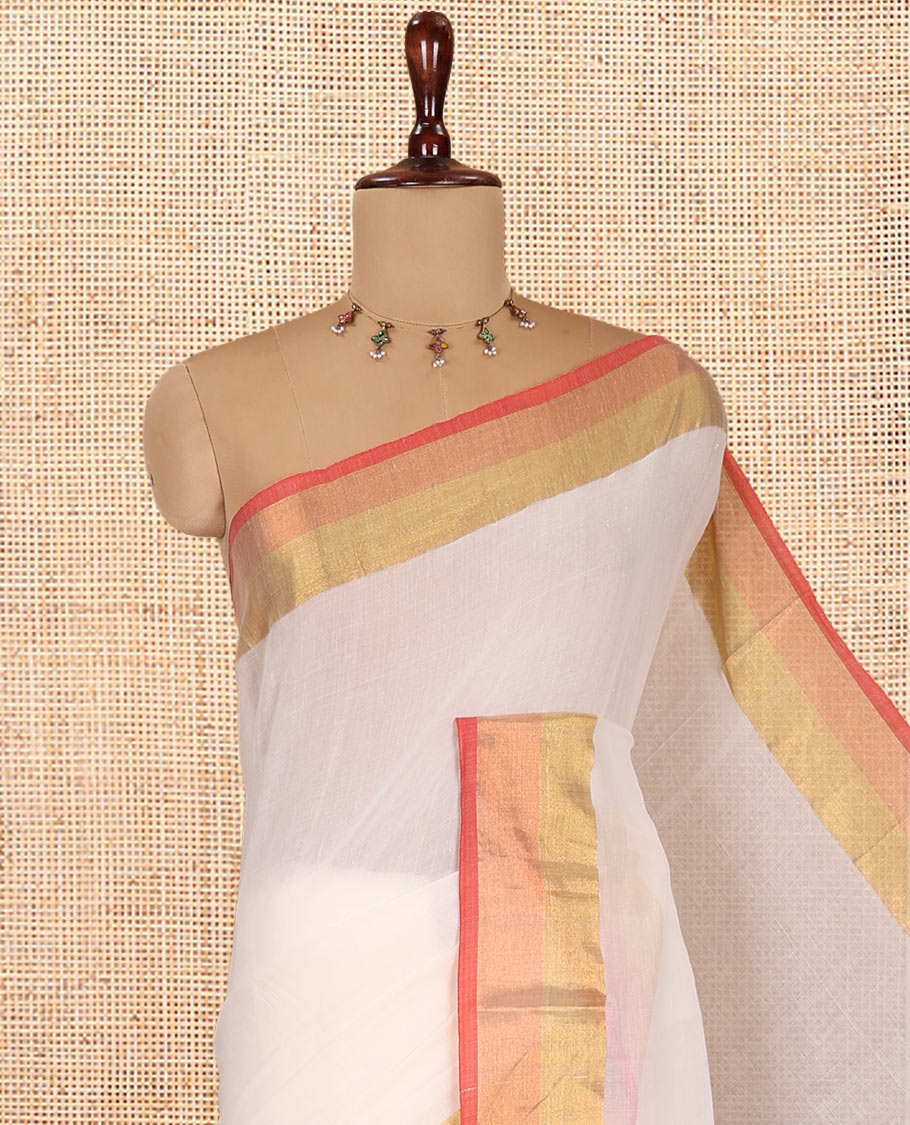 Cream Plain Khadi Mul Cotton Saree, Highlighted by Gold-Copper Zari Border, a Self-Pallu, and No Blouse