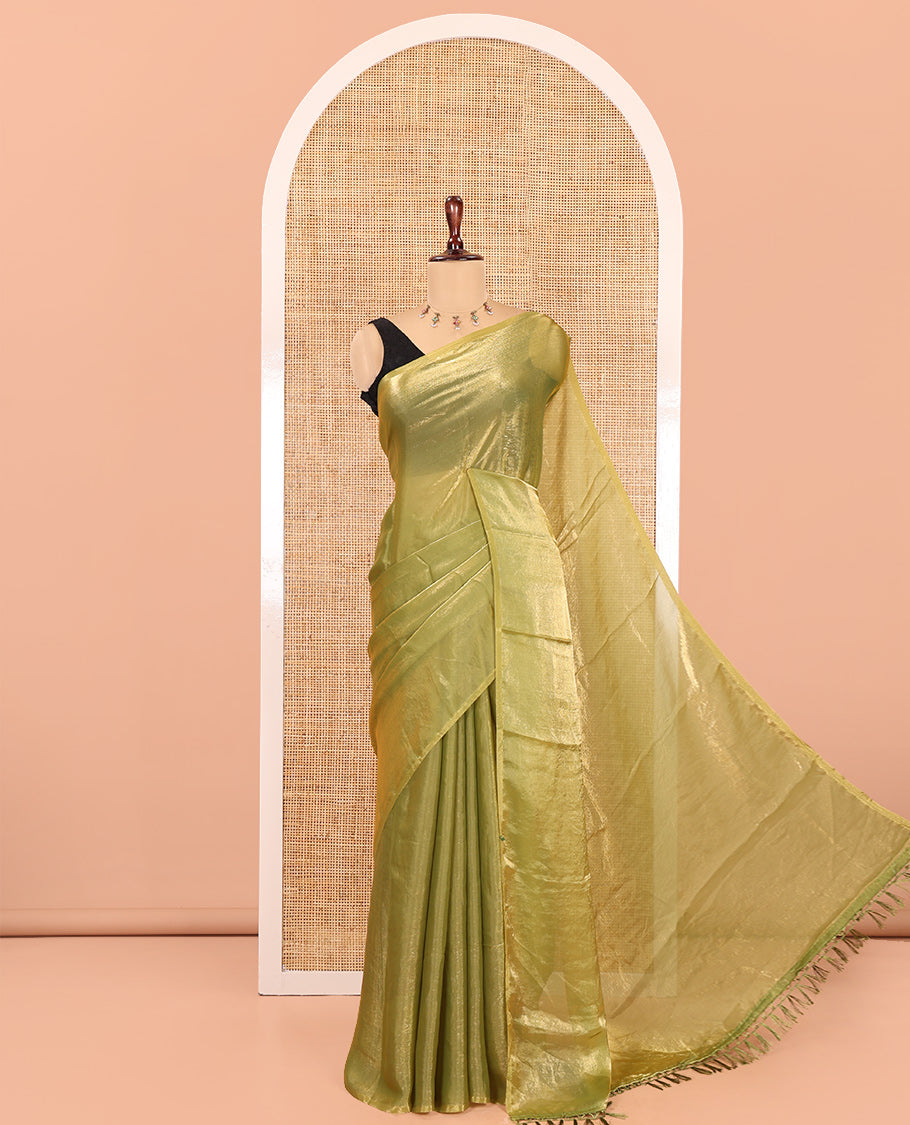 Borderless Elachi Green Plain Fendi Chiffon Saree, a Self-Pallu, and a Matching Peacock Embroidered Blouse