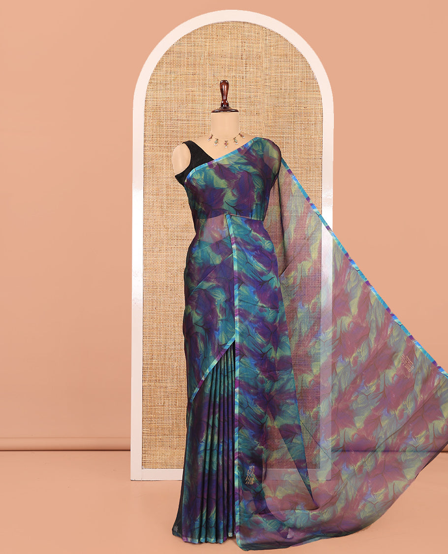 Borderless Blue Rangoli Chiffon Saree, Accentuated with All-Over Abstract Print, and Comes Without Blouse