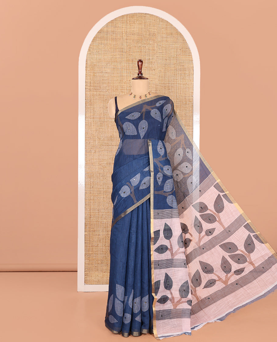Navy Blue Linen Cotton Saree Features Leaf Print and Mirrorwork, a Piping Border, Contrast Pallu, and a Matching Blouse