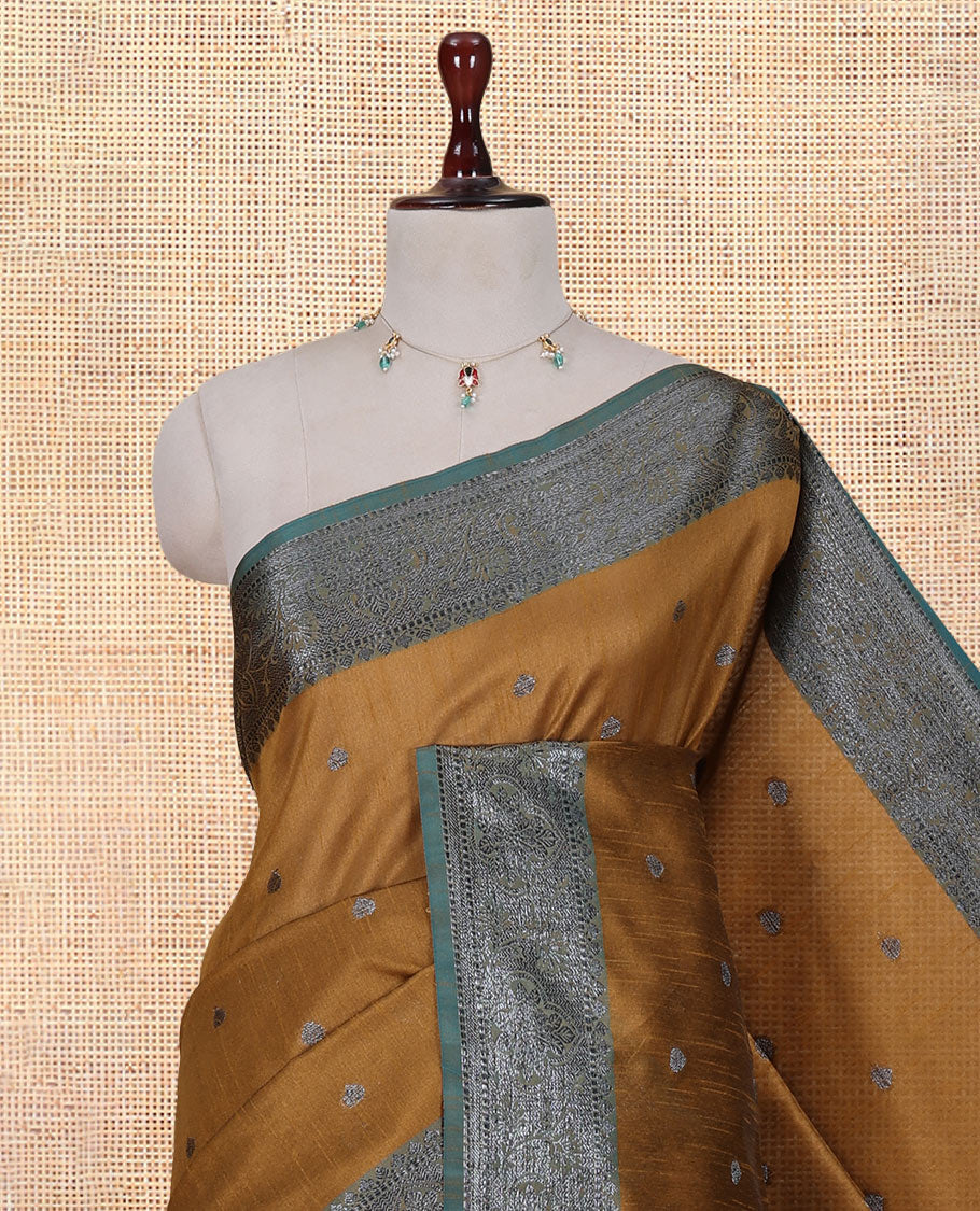 Mustard Semi-Raw Silk Saree Features Thread Buttas, Contrast Intricate Border, Striped Pallu, and a Contrast Blouse